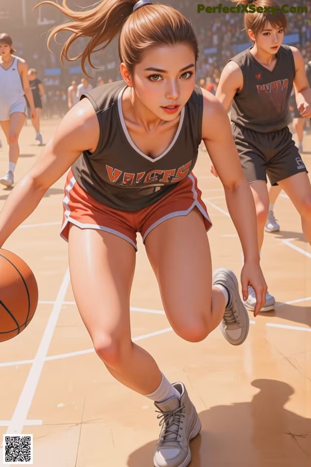 A woman in a basketball uniform dribbling a basketball on a court.