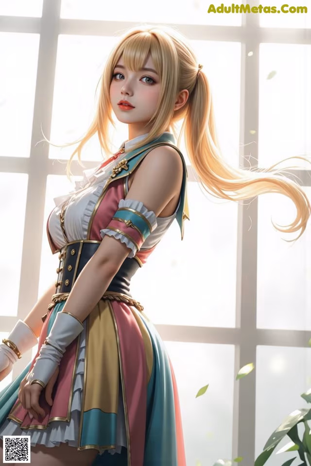 A woman with long blonde hair standing in front of a window.