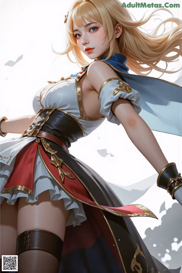 A woman in a white and black dress holding a sword.