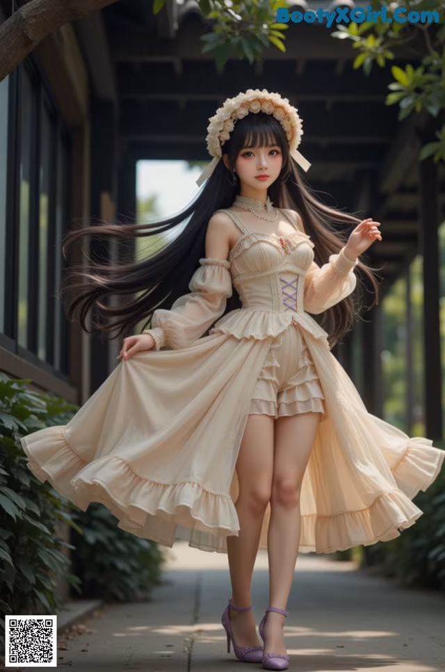 A woman in a dress with a flower crown on her head.
