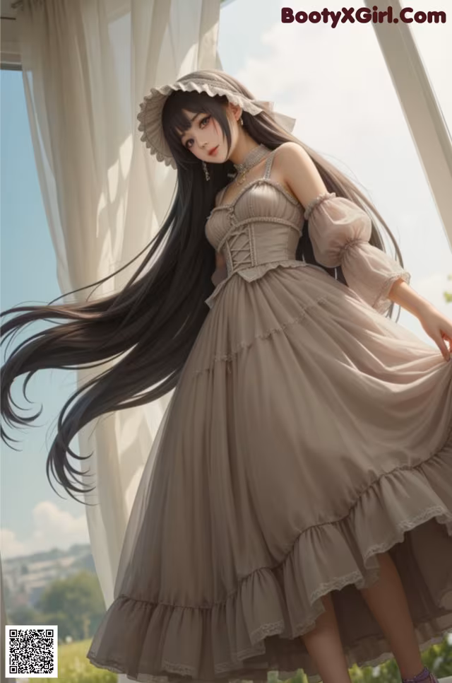A woman with long black hair standing in front of a window.