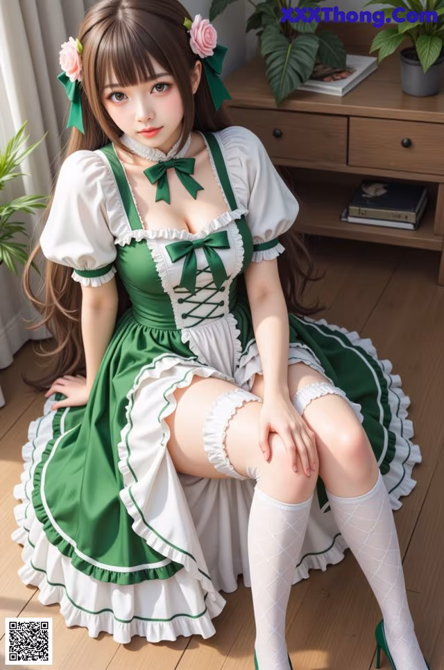a woman in a green and white dress sitting on the floor