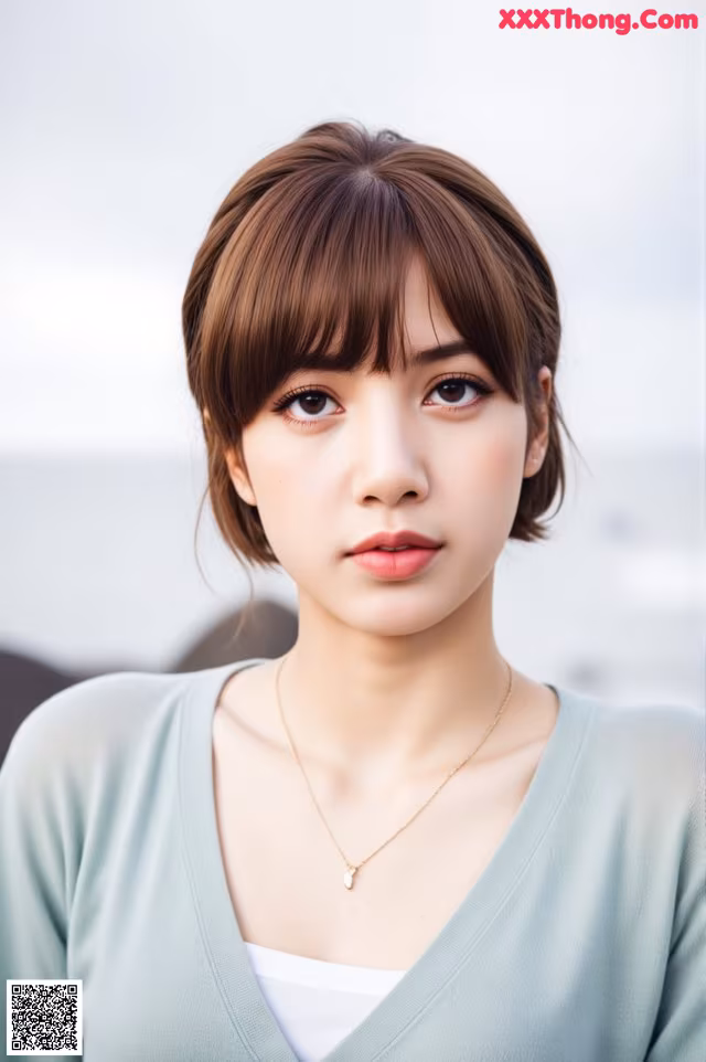 A woman wearing a green sweater and a gold necklace.