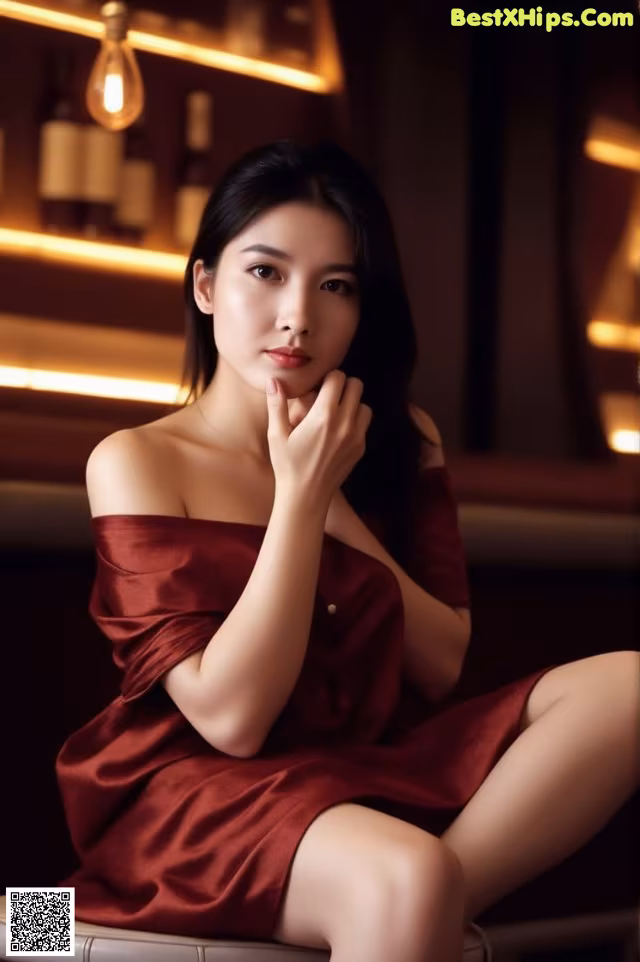 A woman in a red dress sitting on a stool.