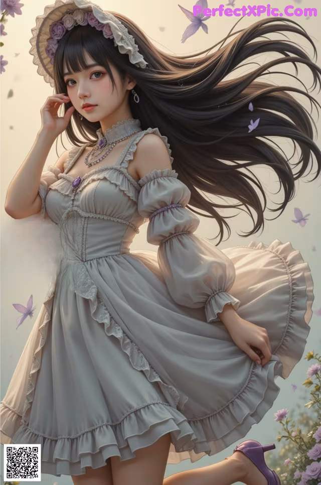 A girl in a dress and hat with long hair.