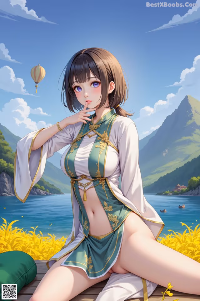 A woman in a green and white outfit sitting on a dock.