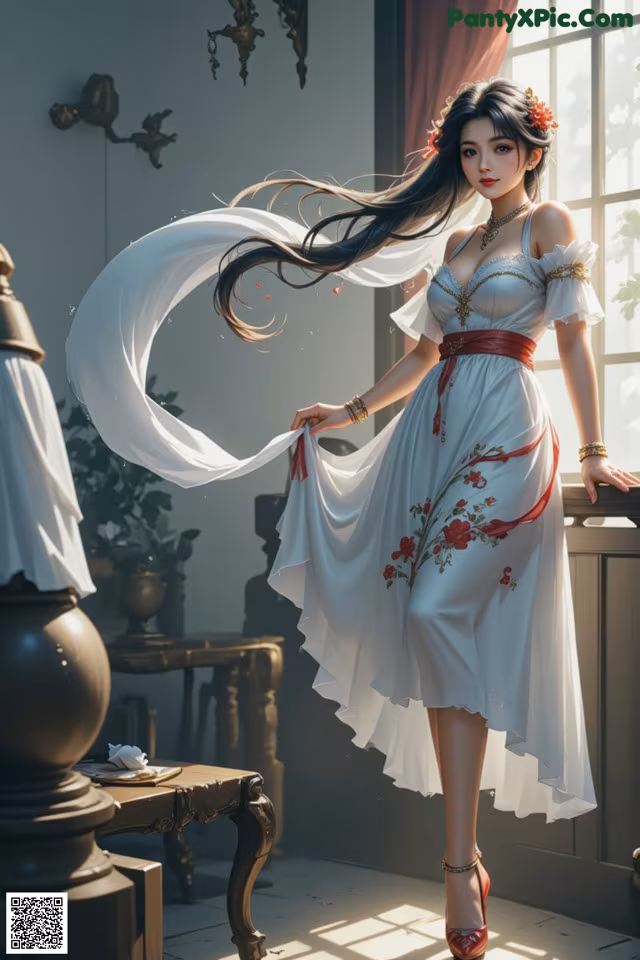 A woman in a white dress standing in front of a window.