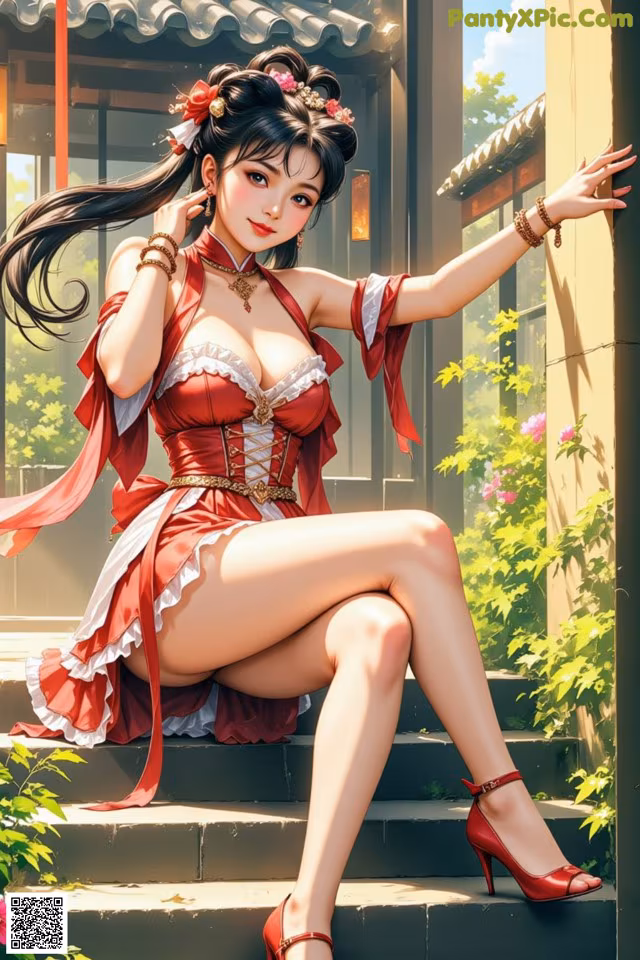 A woman in a red dress sitting on some steps.