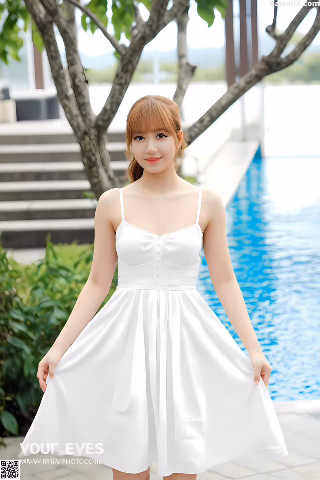 A woman in a white dress standing by a pool.