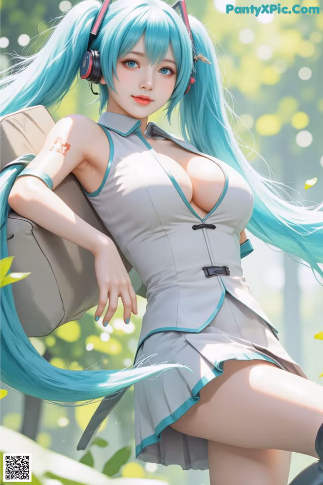 A woman with long blue hair wearing headphones sitting on a chair.
