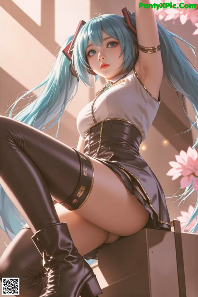 A woman with long blue hair sitting on top of a box.