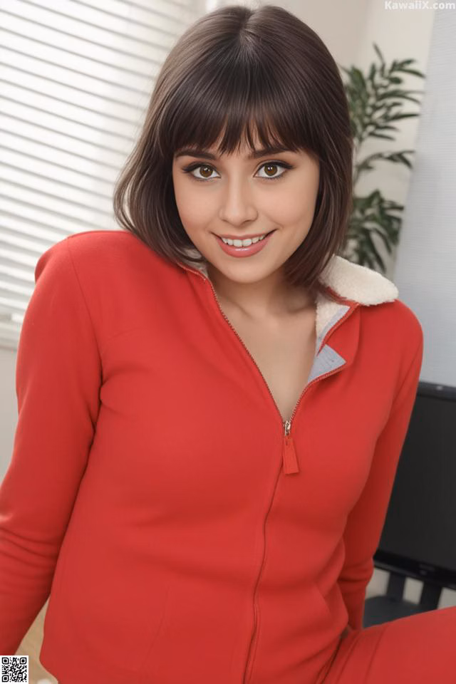 A woman in a red suit posing for the camera.