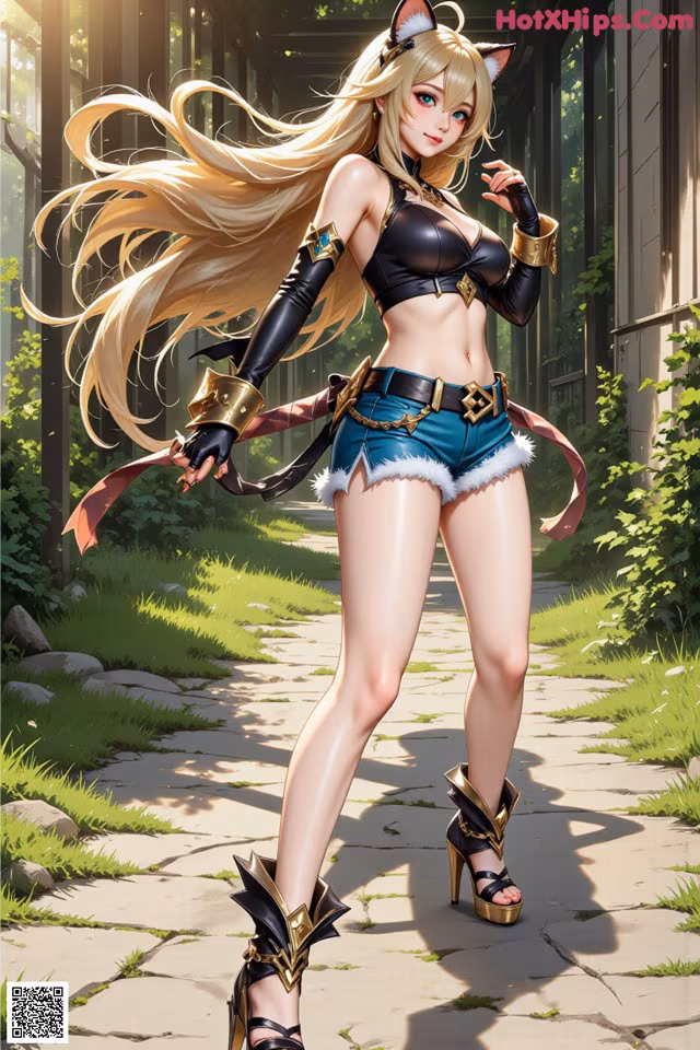 A woman with long blonde hair wearing a cat ears outfit.