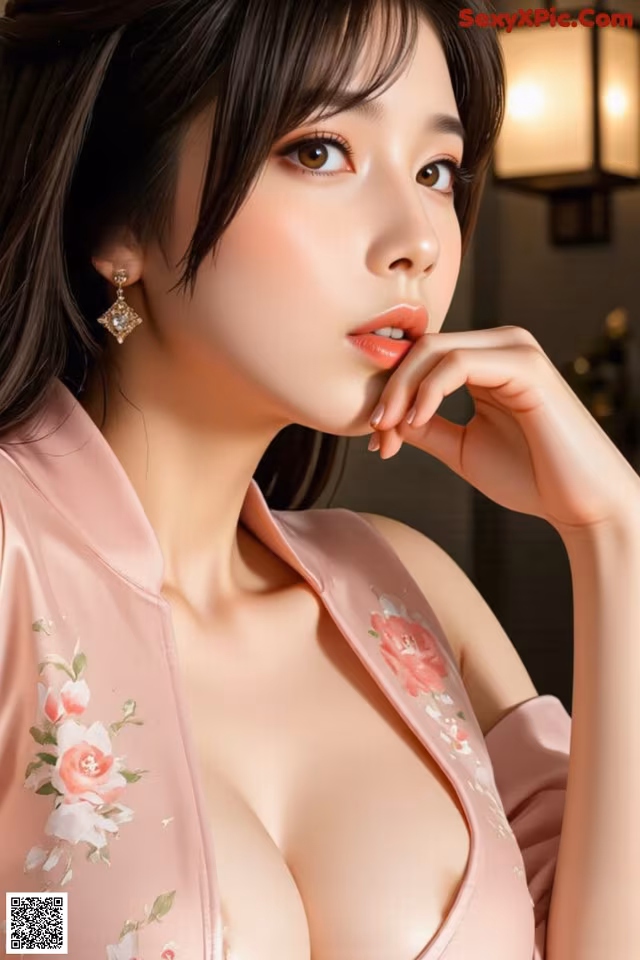 A woman in a pink robe posing for a picture.