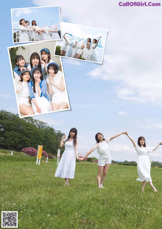 A group of young women holding hands in a field.