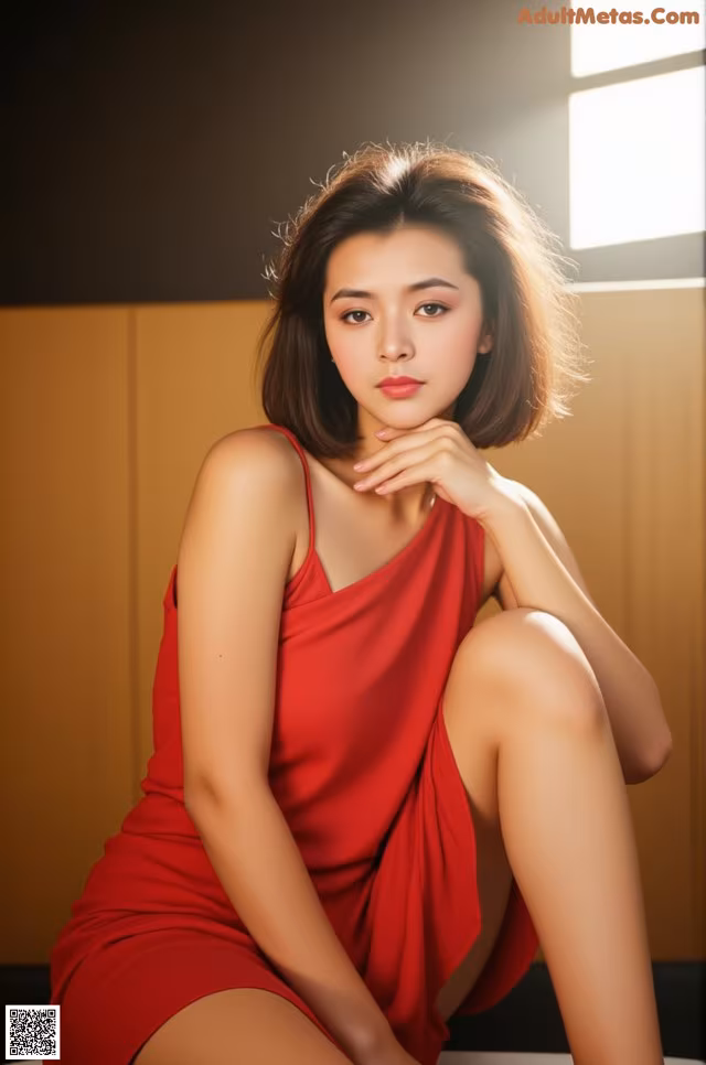 A woman in a red dress sitting on a table.