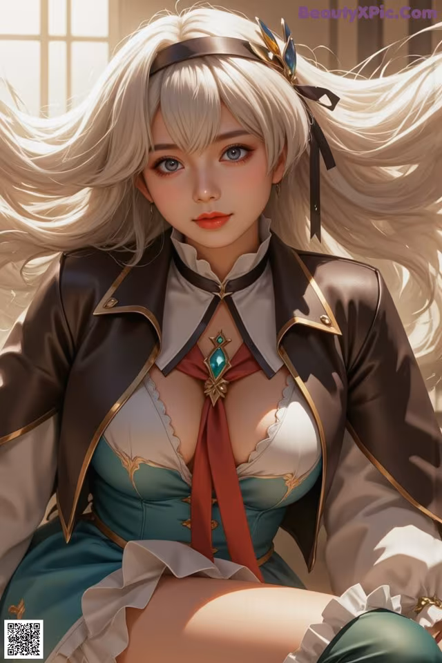 A woman with long blonde hair wearing a brown jacket and a green dress.