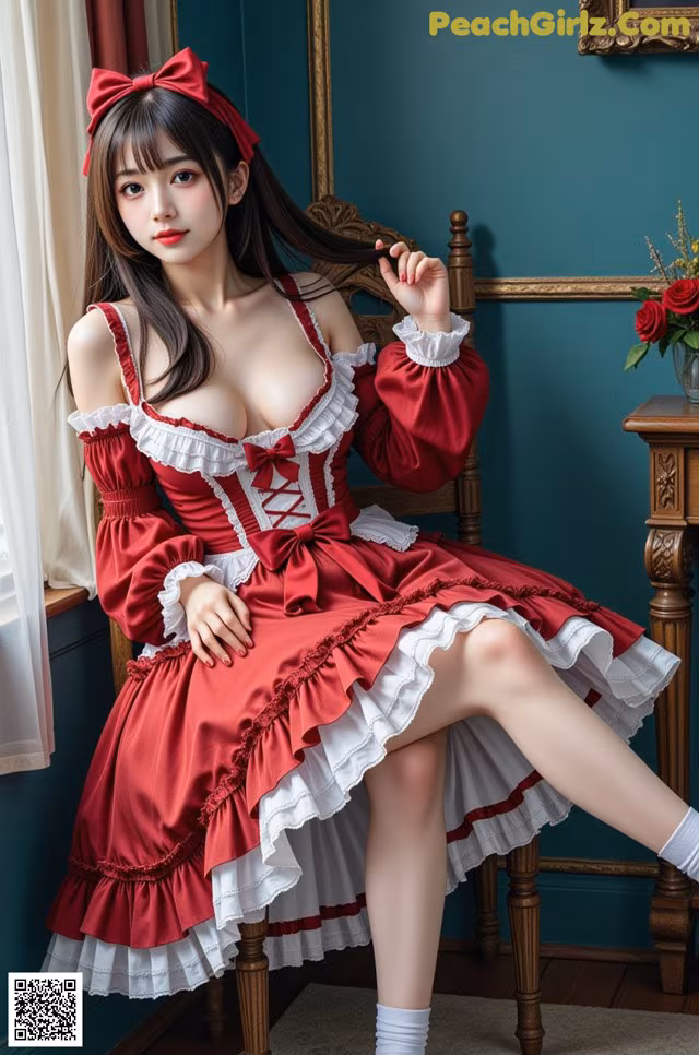 a woman in a red and white dress sitting on a chair