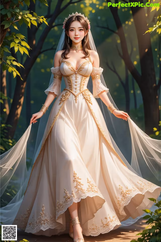a woman in a wedding dress standing in the woods