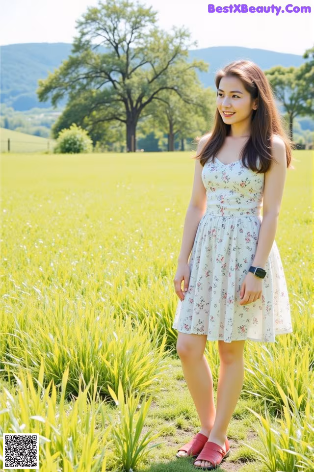 A woman standing in a field of green grass.