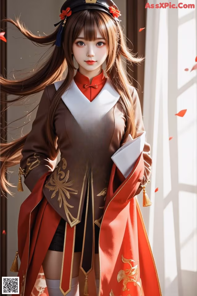 A woman in a red and brown outfit is posing for a picture.