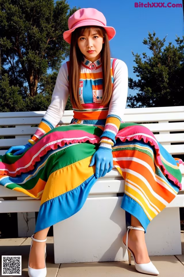 A woman sitting on a white bench wearing a colorful dress and hat.
